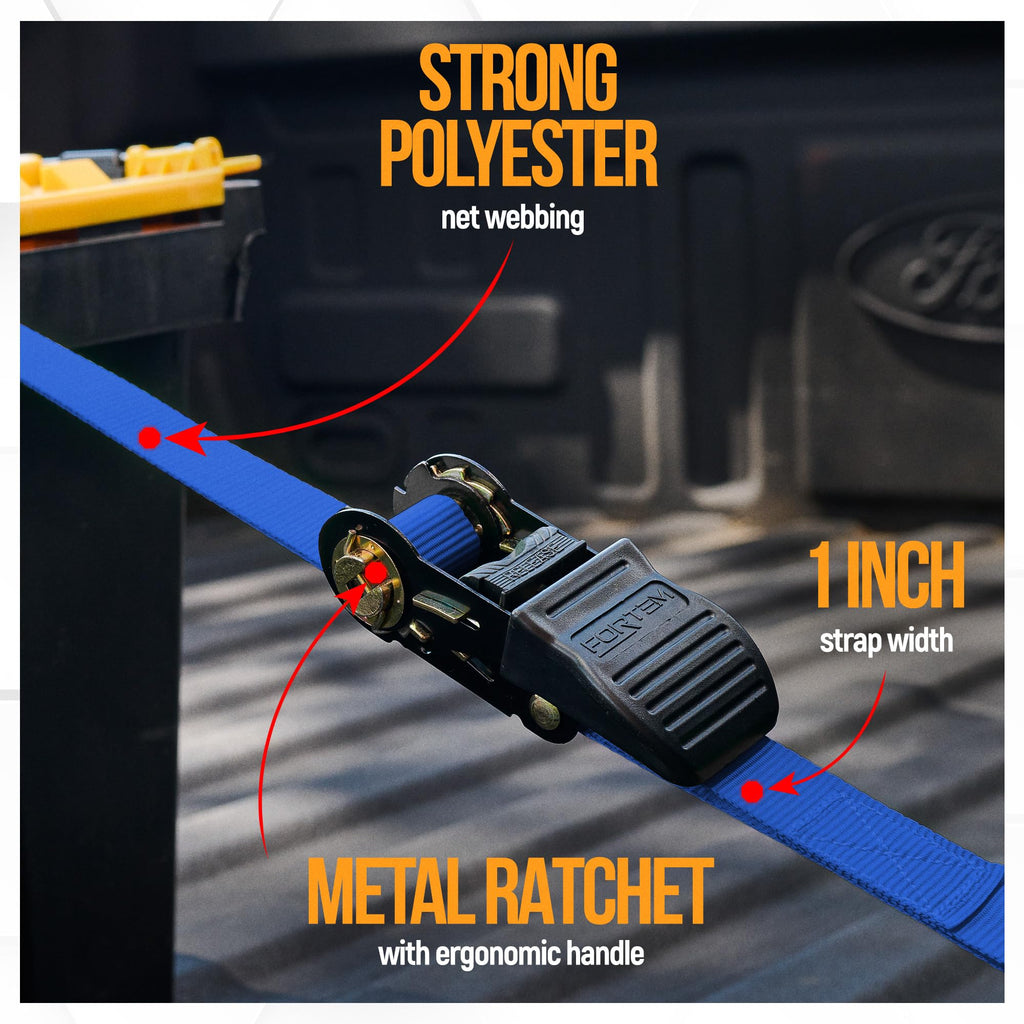 FORTEM Ratchet Straps - Tie Down Strap Set, 4 Pack, 1650lb Break Strength