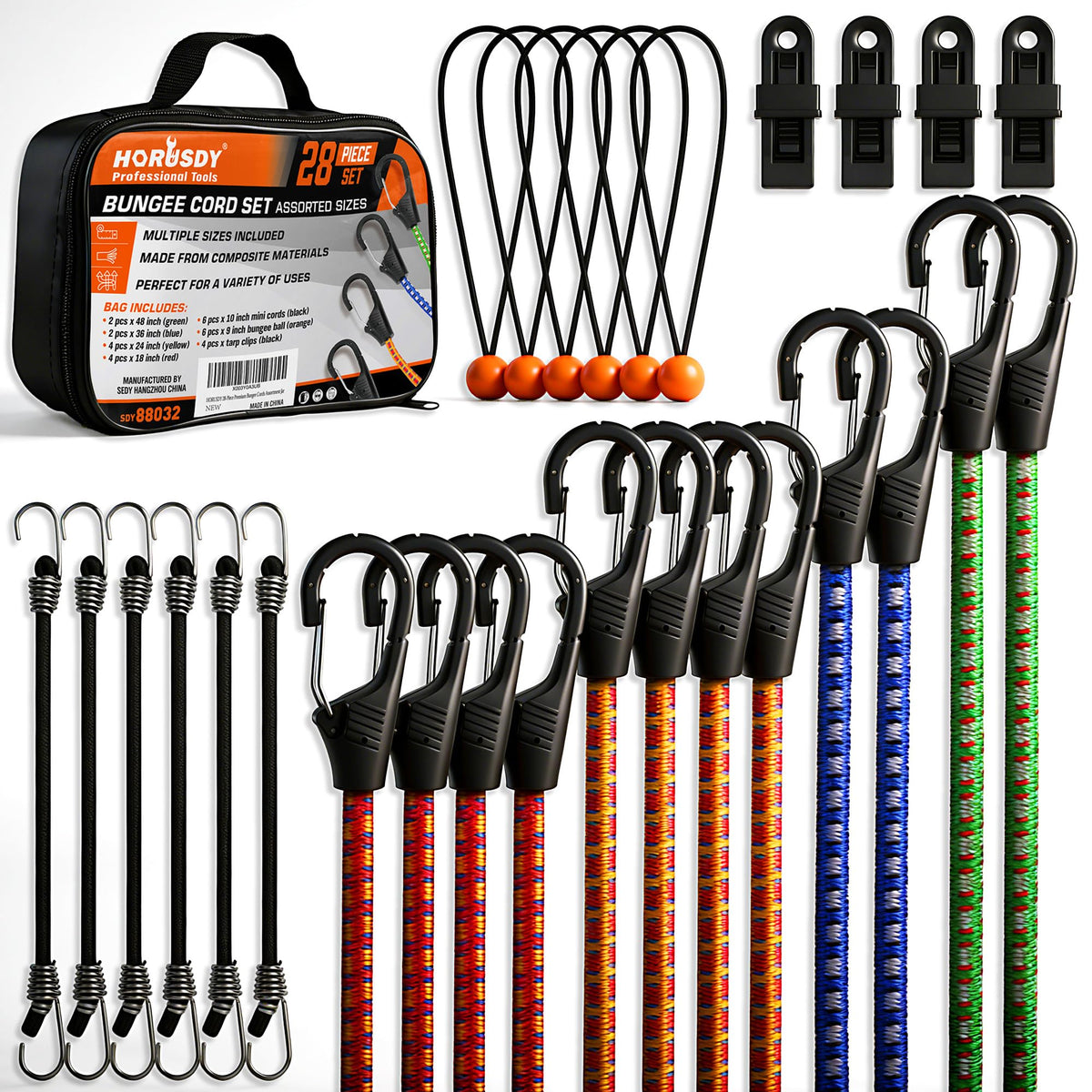 HORUSDY 31-Piece Premium Bungee Cords Assortment Jar, Includes 10”,18”,24”,32”,40” Bungee Cords, 6“ Zip Ties, 8”Canopy/Tarp Ball Ties and Crocodile Mouth Tarp Clips