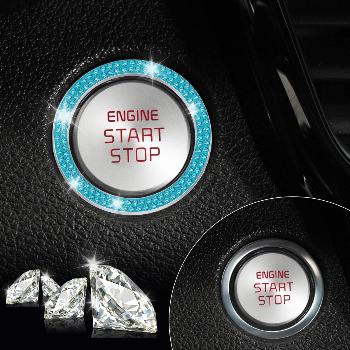 LivTee 2 PCS Crystal Double Rhinestone Car Engine Start Stop Decoration Ring, Bling Car Interior Accessories for Women, Push to Start Button Cover Sticker, Automotive Decals, White