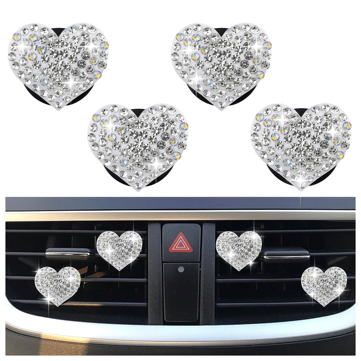 4PCS Heart-Shaped Car Vent Clips with Rhinestone,Bling Air Vent Clips Car Decorations,Premium Shiny Car Clips for Vents CCar Accessories Interior for Cars,Trucks,SUVs (Pink)