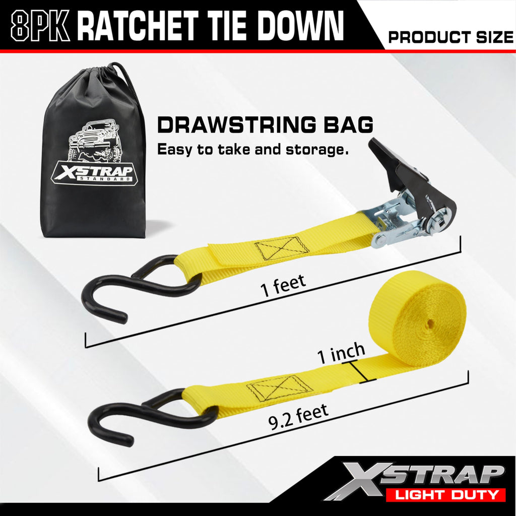 XSTRAP STANDARD 8-PK Ratchet Tie Down Straps, 1" x 10FT Cargo Straps, Black