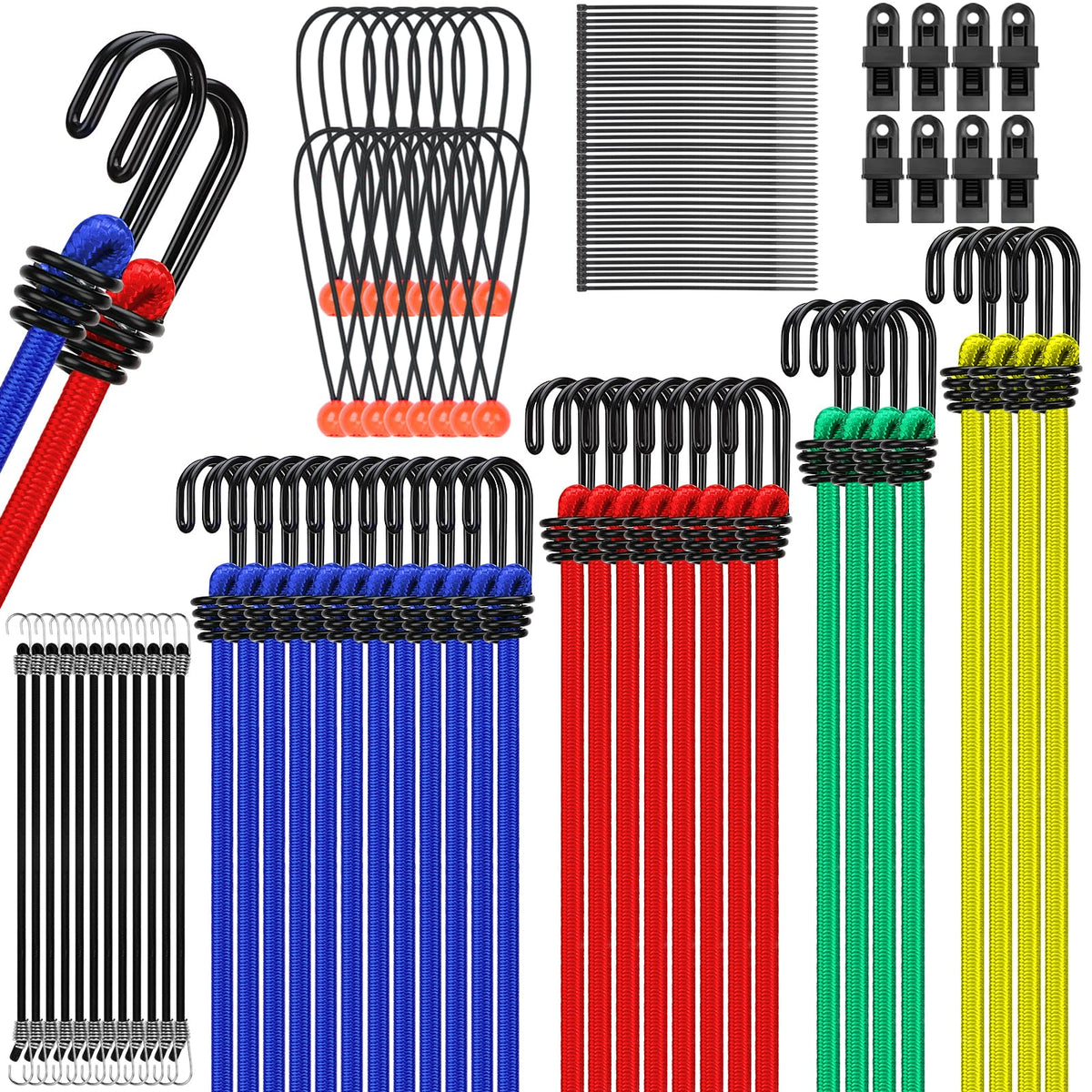 Bungee Cords Heavy Duty Outdoor: 20 Pcs Premium Rubber Bungee Cords with Hooks in a Storage Jar Includes 10", 18", 24", 30", 36", 48" Bungee Cord for Camping, Tent, Fastening Items