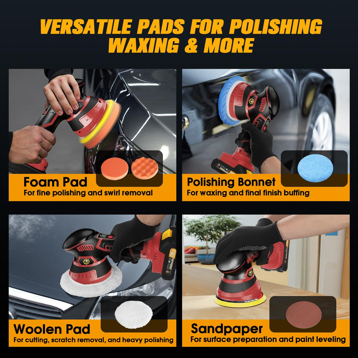Cordless Car Buffer Polisher kit, DA Polisher with 2*21V Batteries