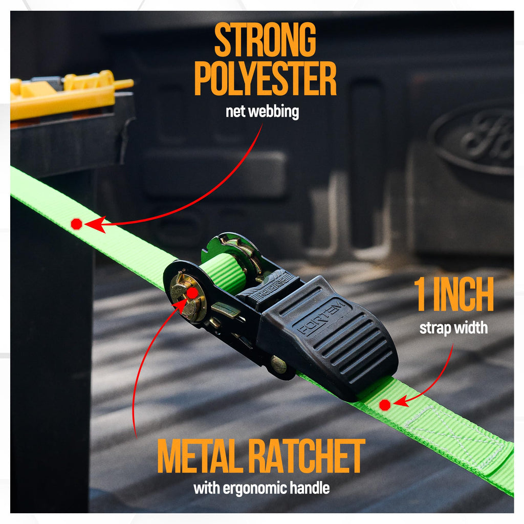 FORTEM Ratchet Straps - Tie Down Strap Set, 4 Pack, 1650lb Break Strength
