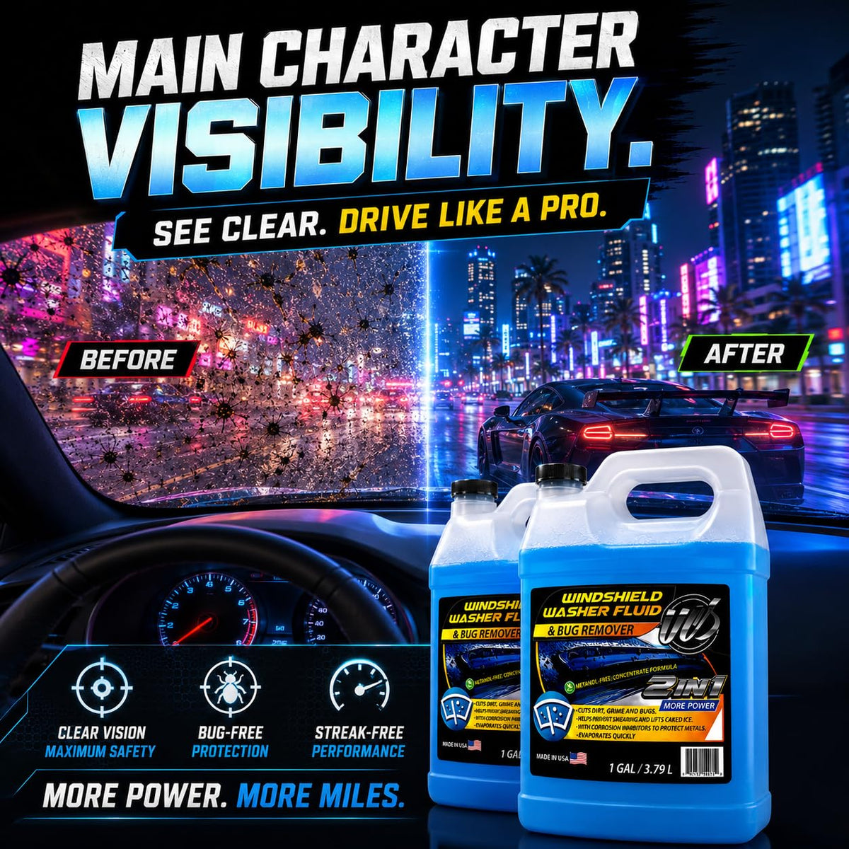 UCS Windshield Washer Fluid 2-in-1 Bug Remover, 1 Gallon (128 fl oz) | Ready-to-Use Formula Removes Bugs, Dirt & Road Grime for Clear, Streak-Free Glass – Methanol-Free