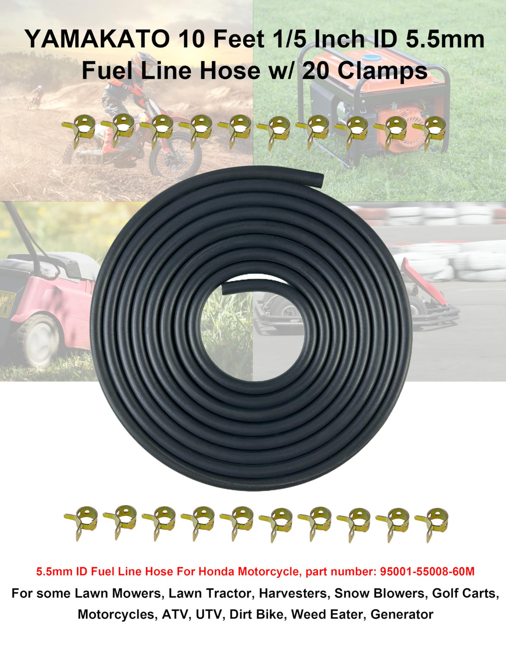 YAMAKATO 10 Feet 1/4 Inch ID Fuel Line Hose 0.25in w/ 20 Clamp