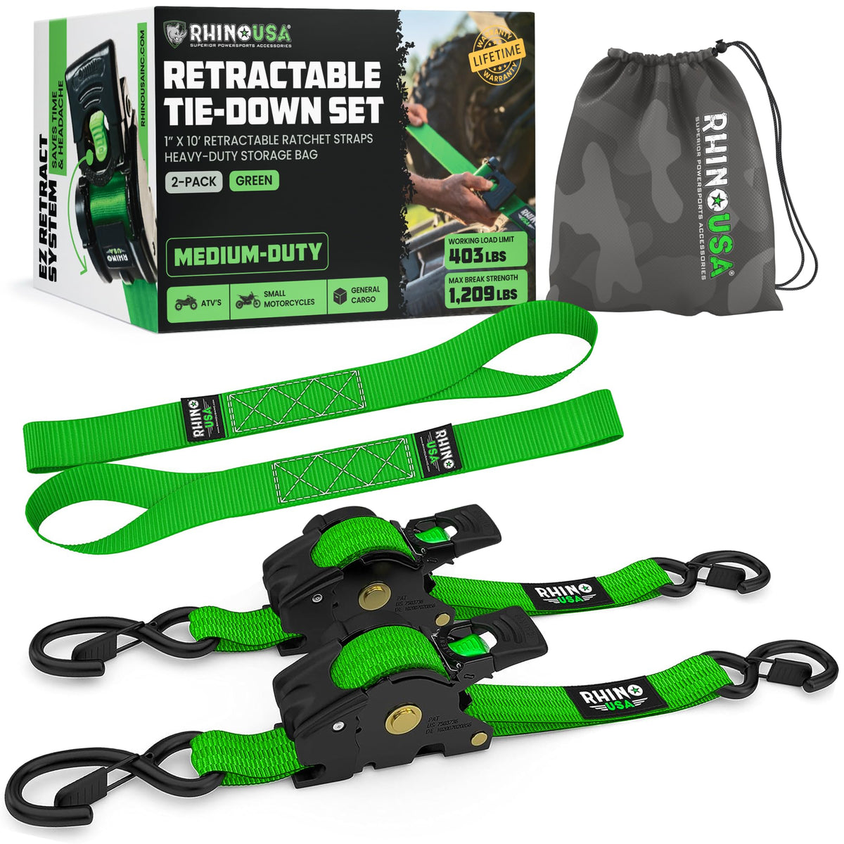 Rhino USA Retractable Ratchet Straps (4-Pack) - 1in x 10ft, Black