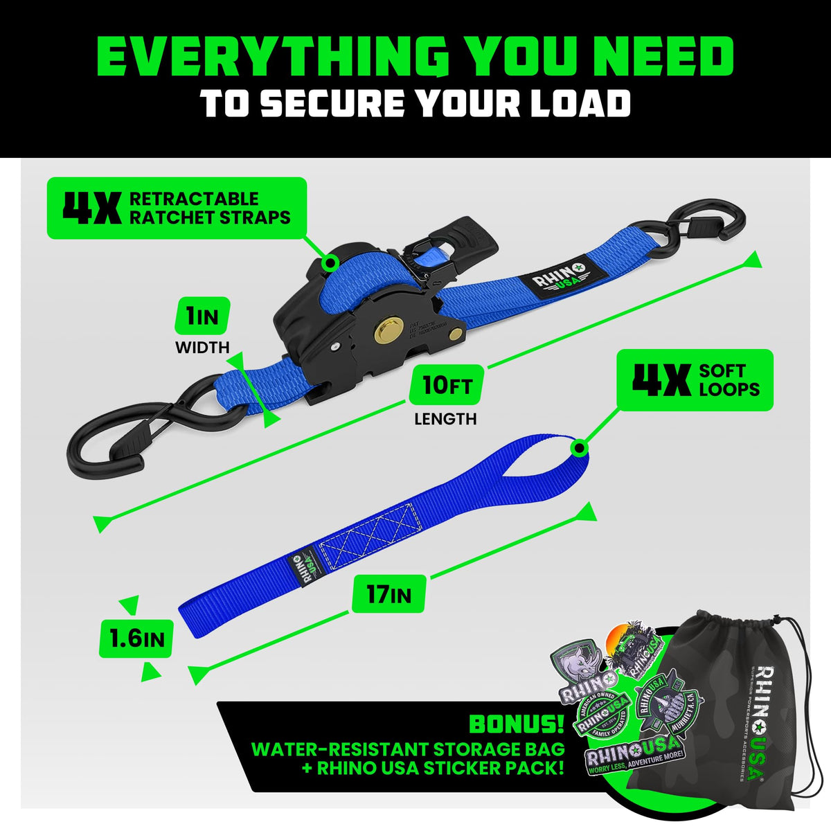 Rhino USA Retractable Ratchet Straps (4-Pack) - 1in x 10ft, Black
