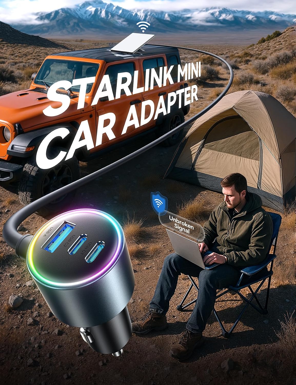 Starlink Mini Car Adapter with 10FT Cable, Dual PD 45W+USB 30W, 12V-24V