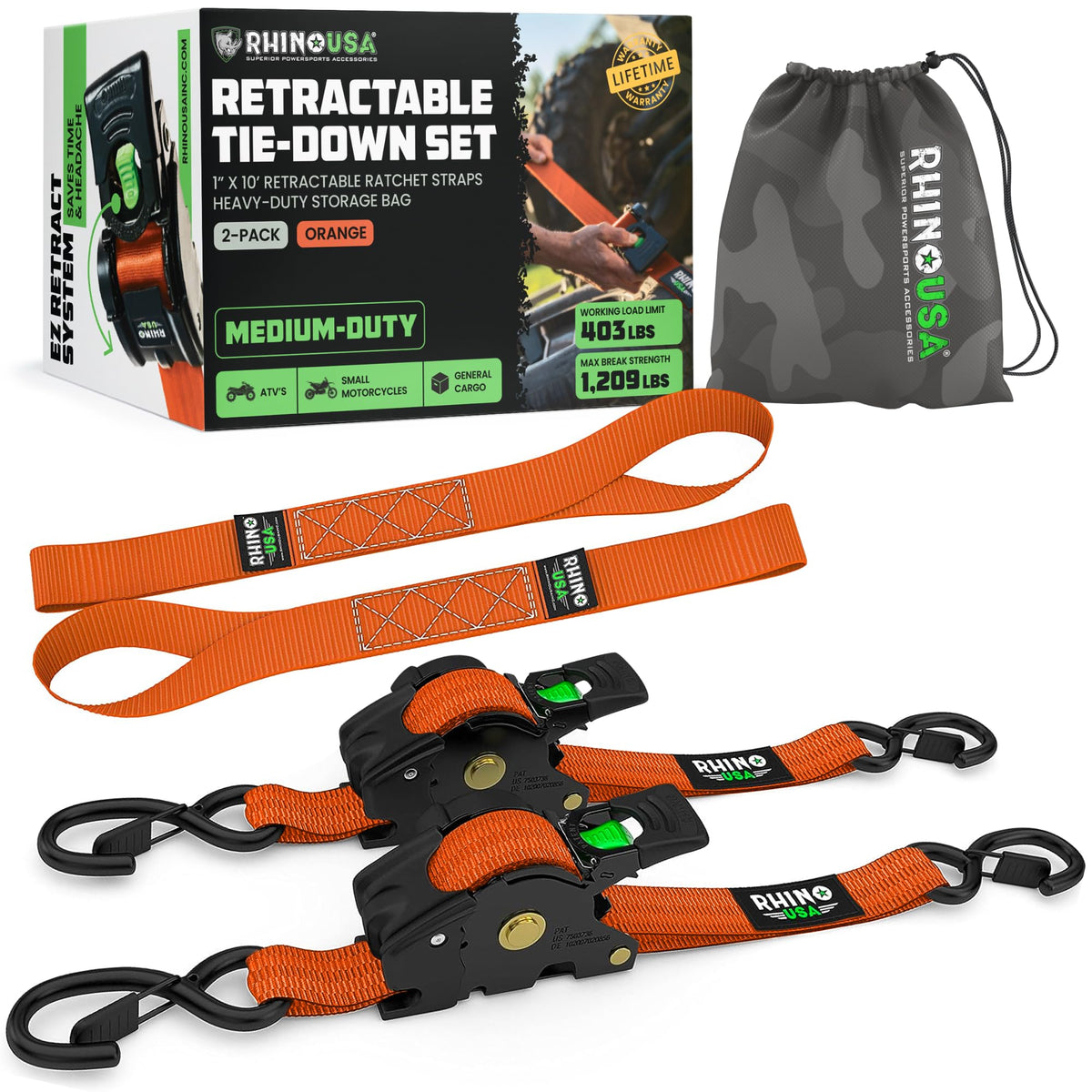 Rhino USA Retractable Ratchet Straps (4-Pack) - 1in x 10ft, Black
