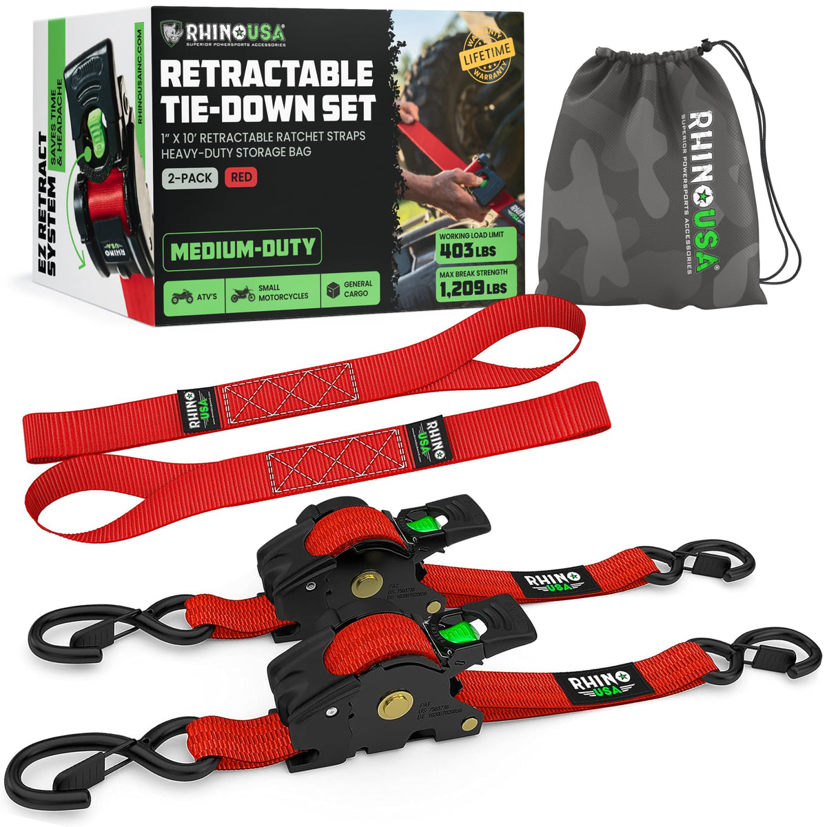 Rhino USA Retractable Ratchet Straps (4-Pack) - 1in x 10ft, Black