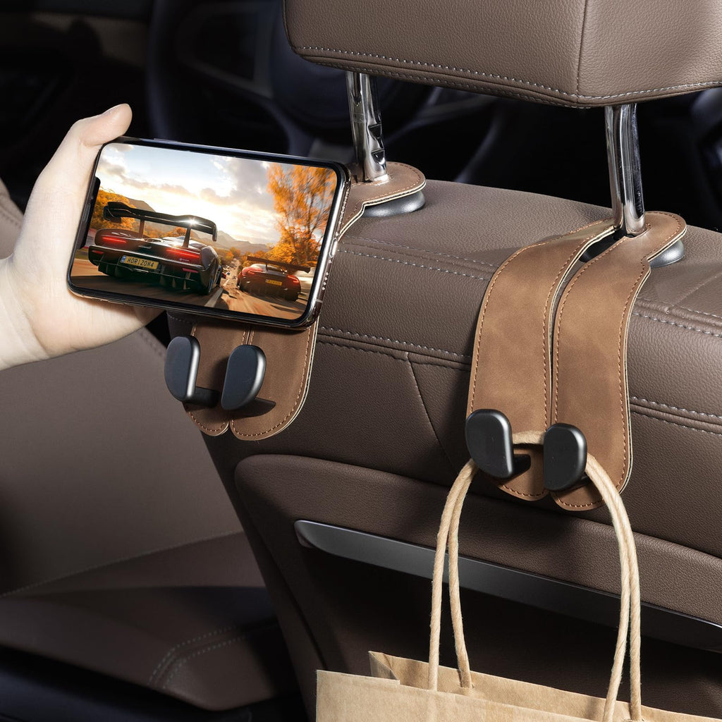 CoBak Purse Hook for Car - Universal Premium Stitched Leather and Aluminum-Magnesium Alloy Double Car Seat Back Storage Hook for Purses, Handbags, Bags (2 Pack),Black