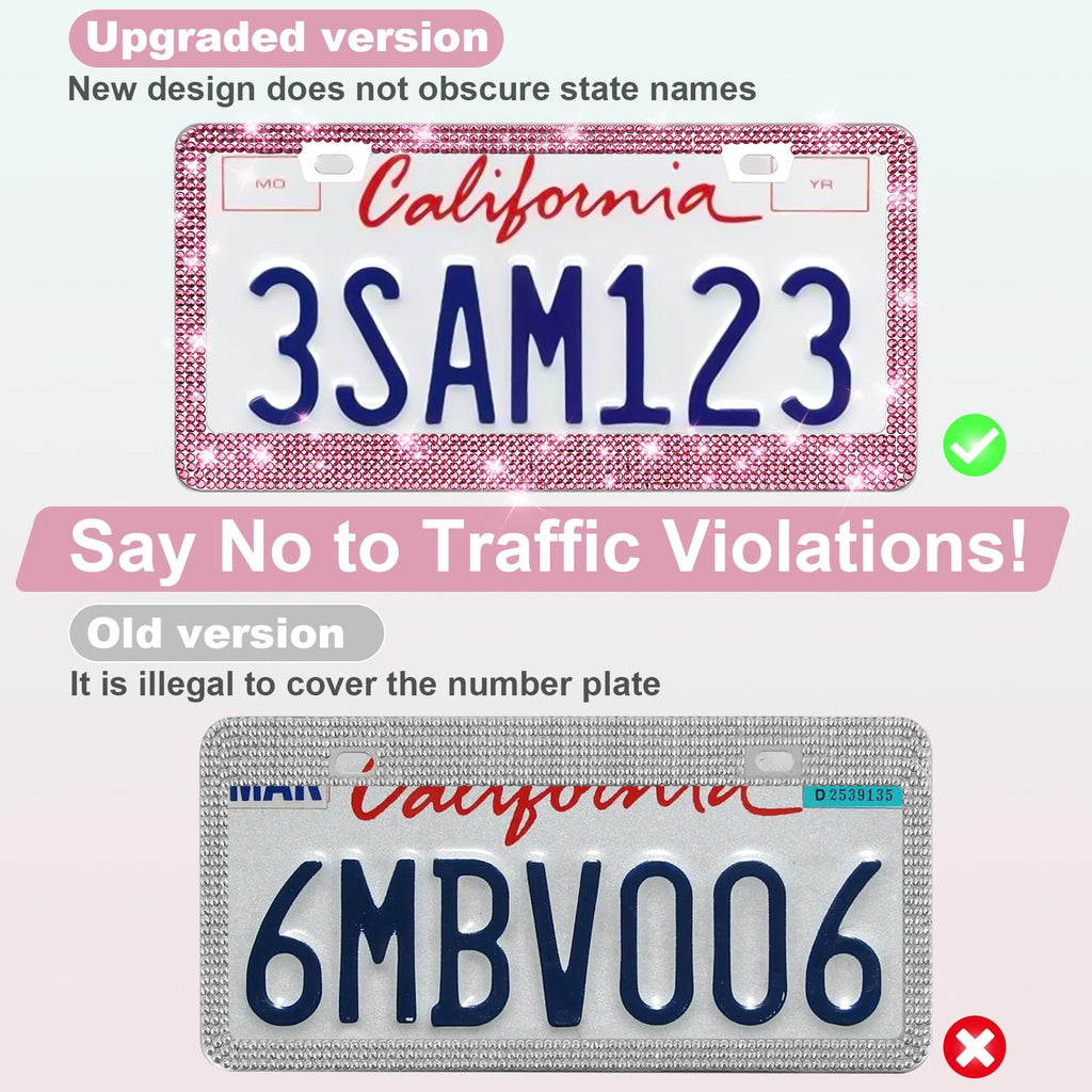 QUANQIUFEI 2 Pack Bling License Plate Frames for Women, Sparkly Rhinestone Diamond Car Accessories with Glitter Crystal Caps (Black)