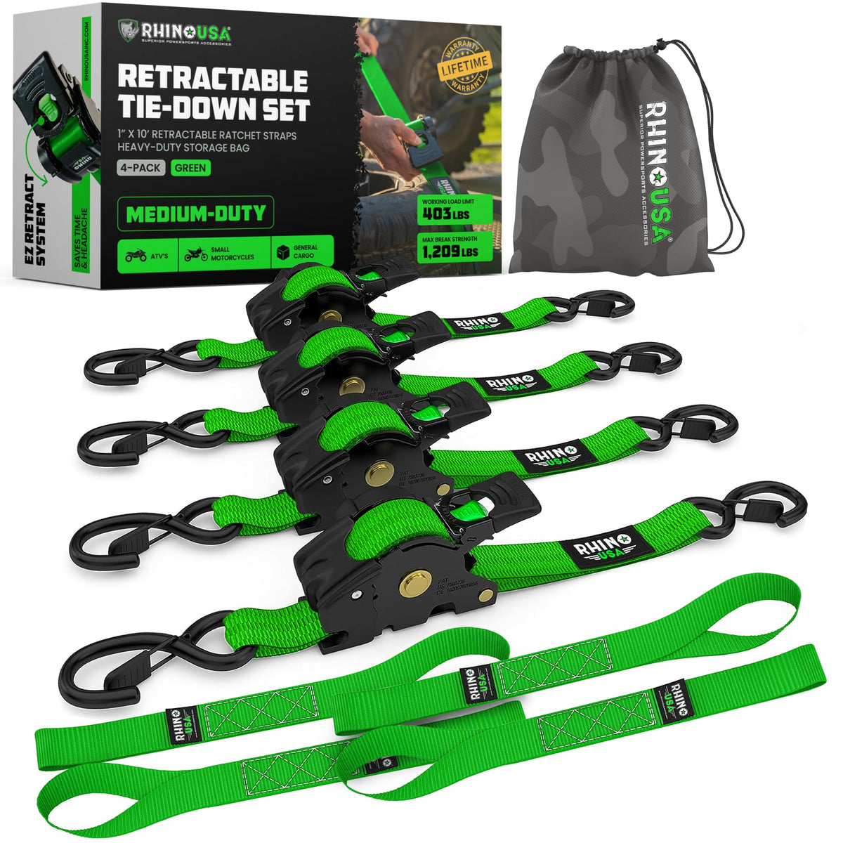 Rhino USA Retractable Ratchet Straps (4-Pack) - 1in x 10ft, Black