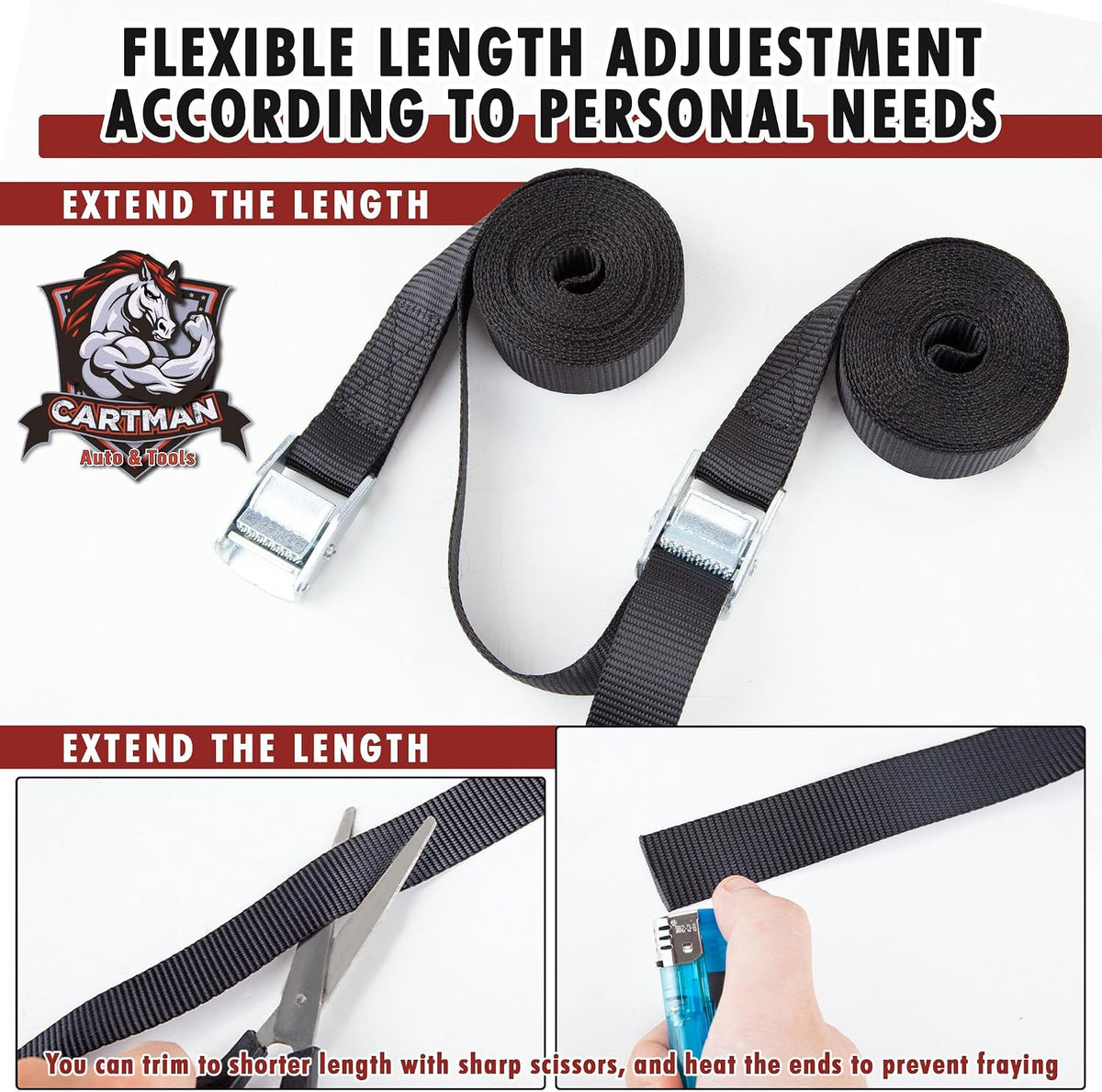 Cartman 1" x 12 ft Lashing Straps, 6 Pack, 600 lb Break Strength, Black