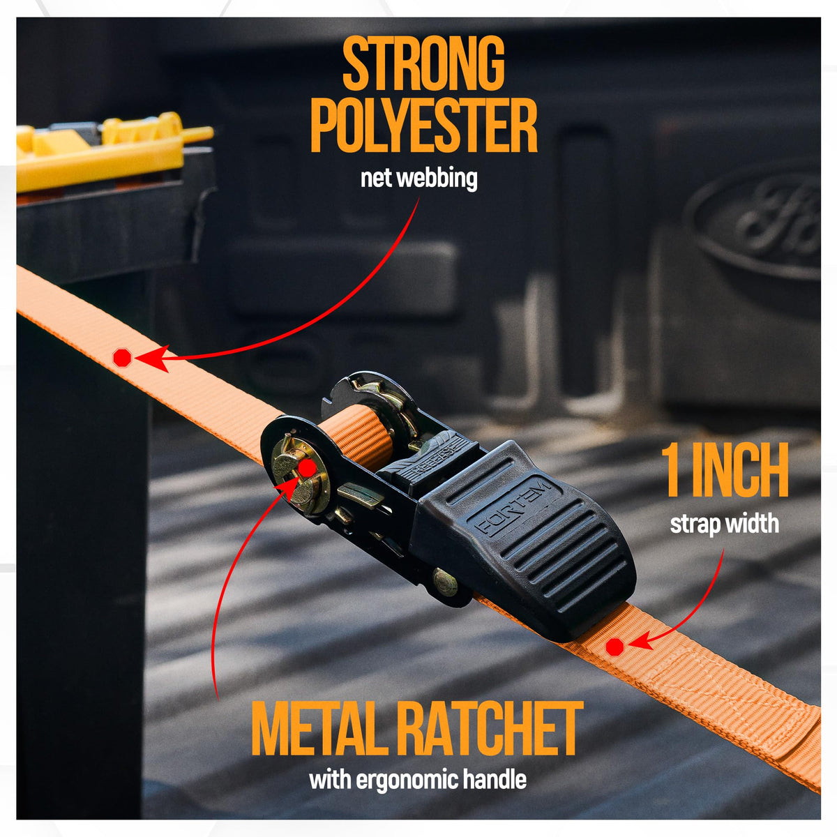 FORTEM Ratchet Straps - Tie Down Strap Set, 4 Pack, 1650lb Break Strength