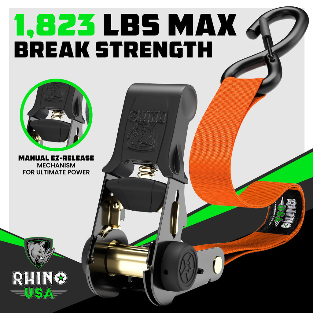 Rhino USA Ratchet Straps Tie Downs (4-Pack) - 1in x 15ft with S Hooks