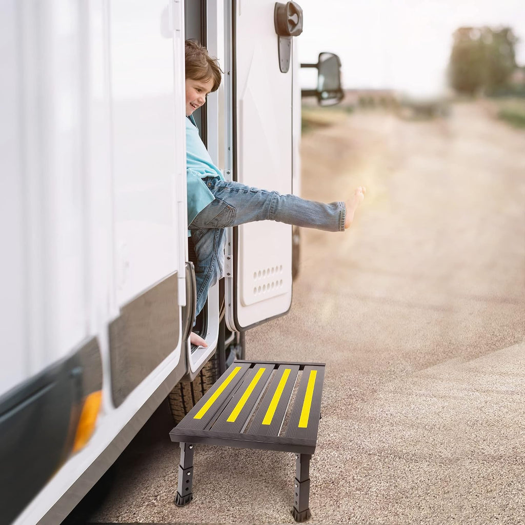 Adjustable RV Step Stool, Wide Platform, Foldable Legs, Black