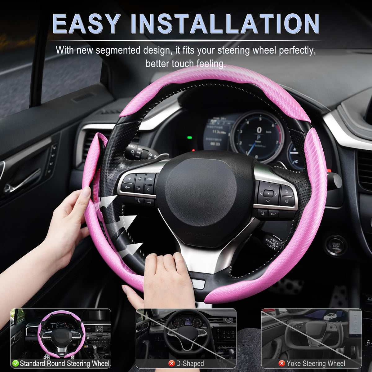 3pcs Carbon Fiber Anti-Skid Steering Wheel Cover, Waterproof & Segmented Butterfly Design, Universal 99% Vehicle Wheel Cover Protector, Car Interior Accessories (Black-3pcs)