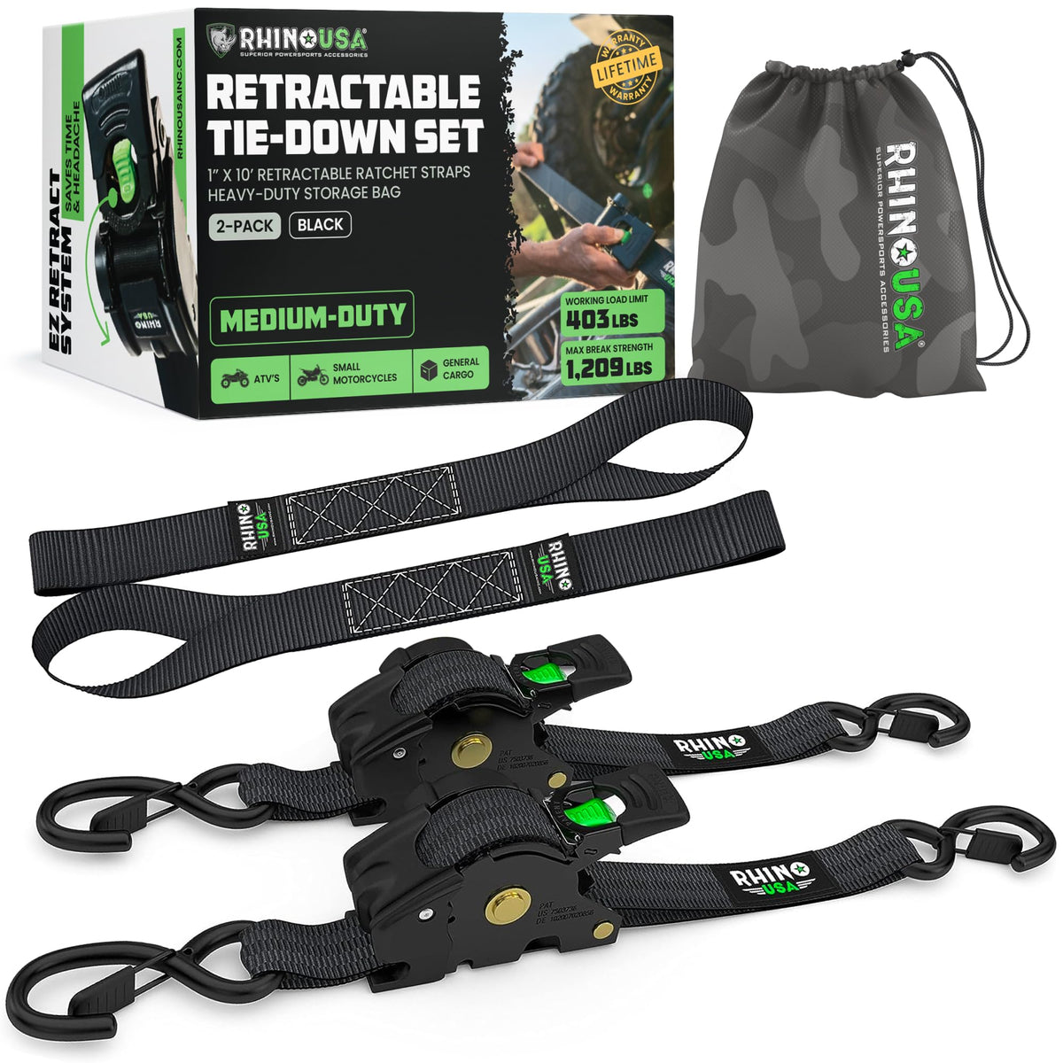 Rhino USA Retractable Ratchet Straps (4-Pack) - 1in x 10ft, Black