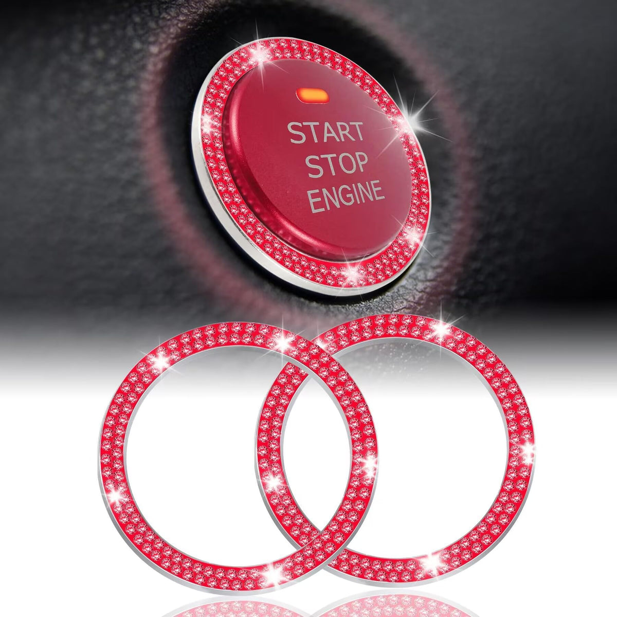 LivTee 2 PCS Crystal Double Rhinestone Car Engine Start Stop Decoration Ring, Bling Car Interior Accessories for Women, Push to Start Button Cover Sticker, Automotive Decals, White