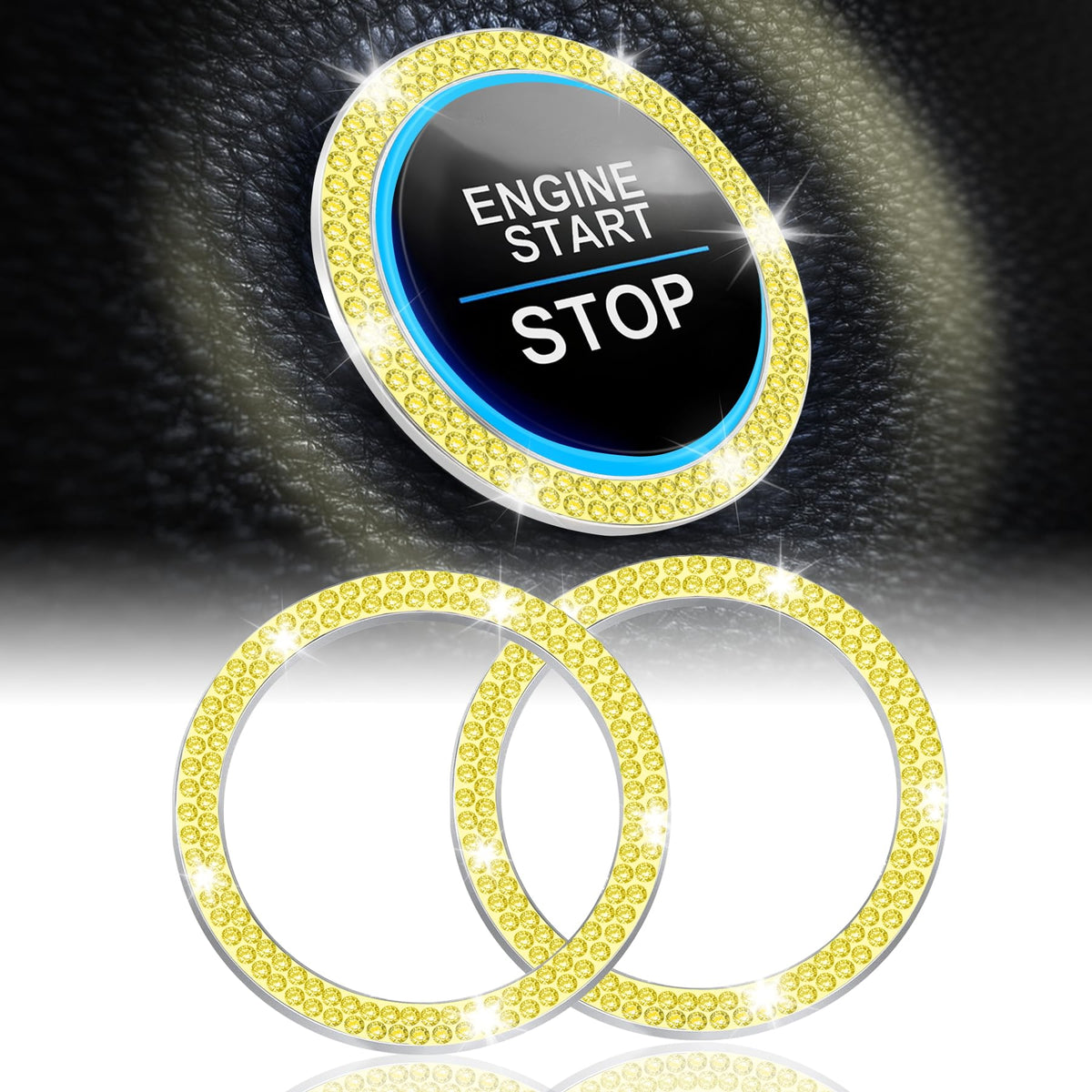 LivTee 2 PCS Crystal Double Rhinestone Car Engine Start Stop Decoration Ring, Bling Car Interior Accessories for Women, Push to Start Button Cover Sticker, Automotive Decals, White