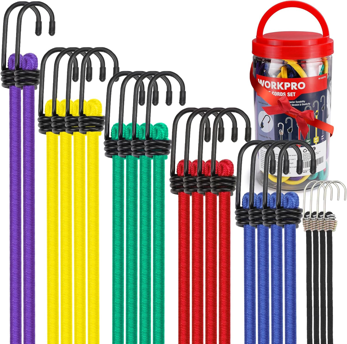 WORKPRO Bungee Cords with Hooks, Heavy Duty Outdoor Bungee Strap, 22-Piece