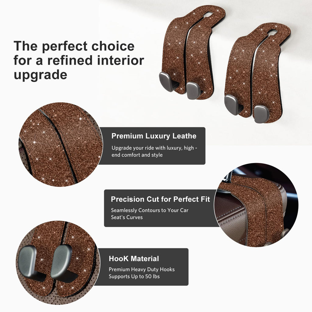 CoBak Purse Hook for Car - Universal Premium Stitched Leather and Aluminum-Magnesium Alloy Double Car Seat Back Storage Hook for Purses, Handbags, Bags (2 Pack),Black