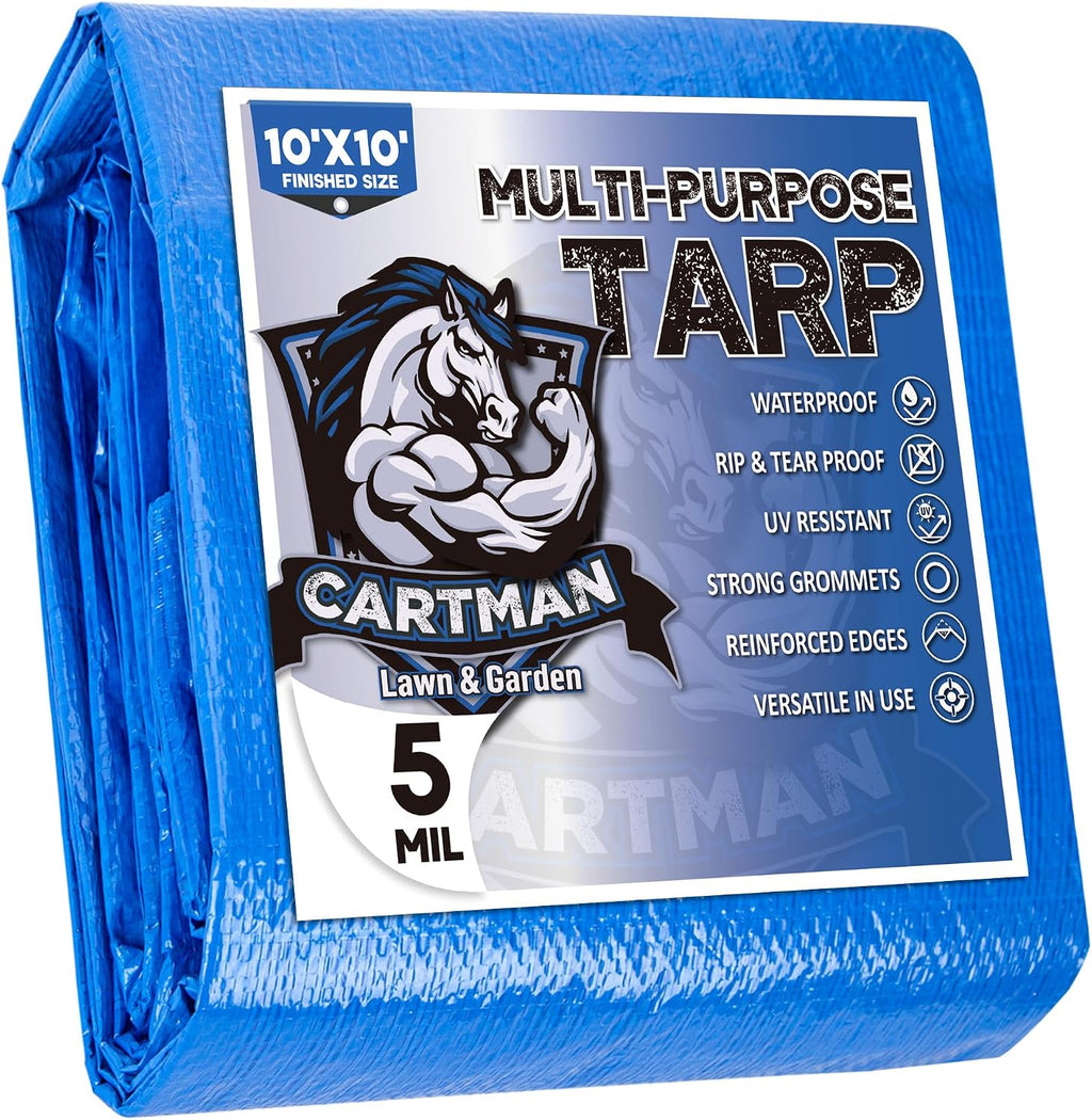 CARTMAN 10x10Ft Multipurpose Waterproof Poly Tarp Cover 5 Mil, Blue