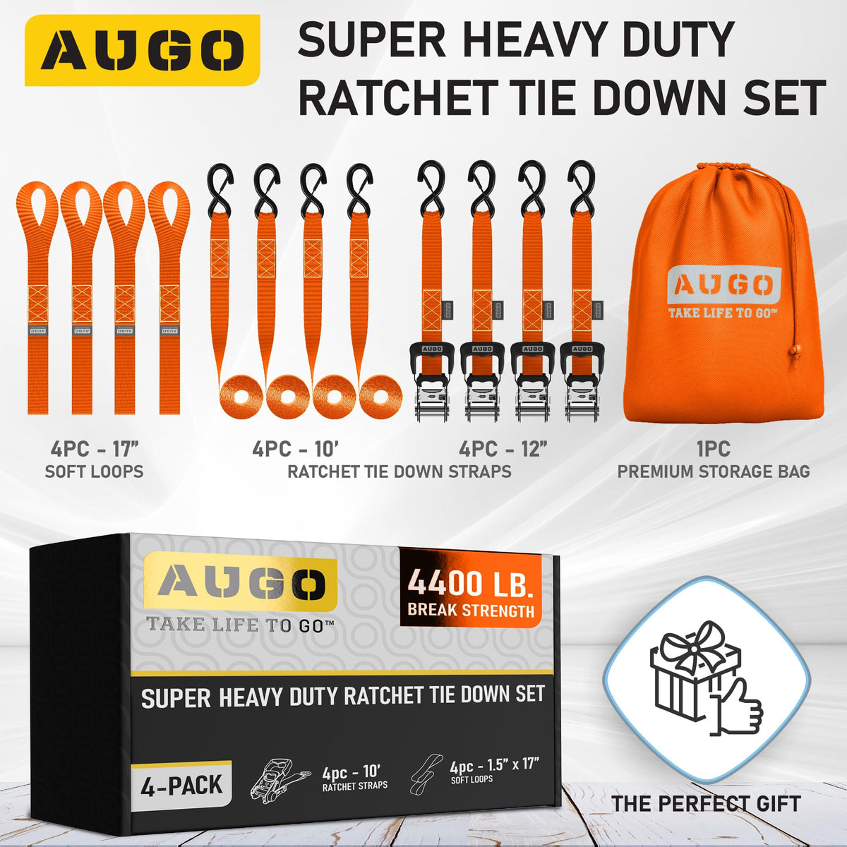 AUGO Ratchet Straps Heavy Duty 4 Pack -15 FT - 2200 LB Break Strength – with Safety Lock S Hooks - Cargo Straps for Moving, Appliances, Motorcycle – Soft Loop Tie Down Straps