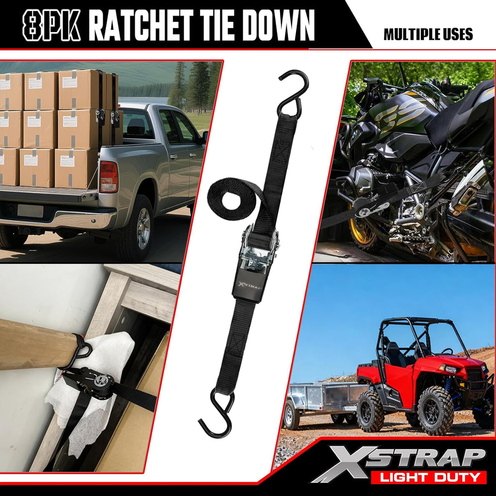 XSTRAP STANDARD 8-PK Ratchet Tie Down Straps, 1" x 10FT Cargo Straps, Black