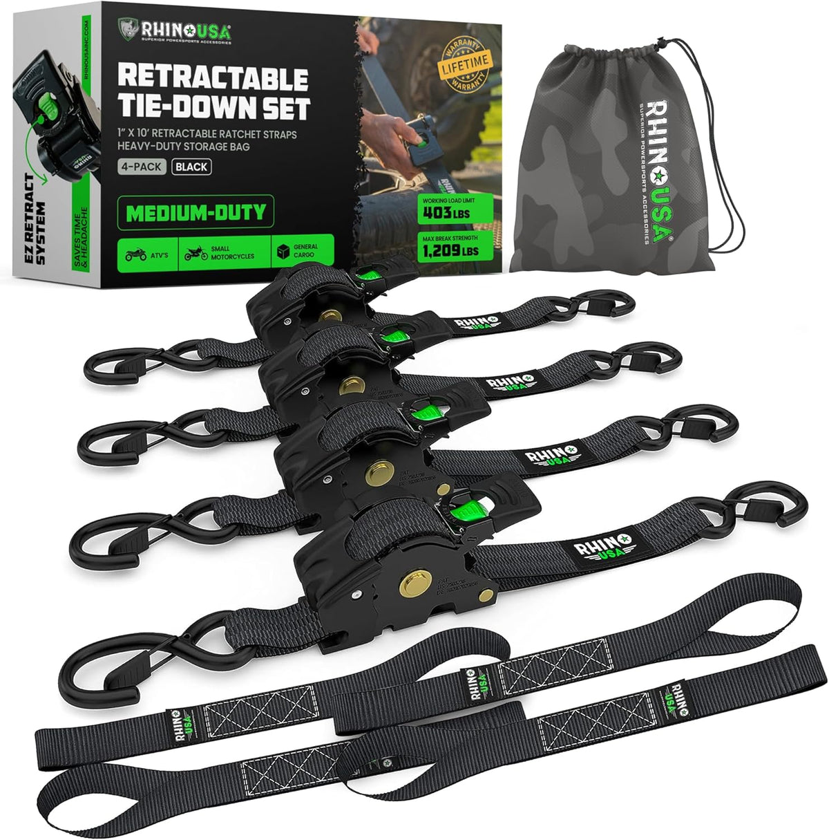 Rhino USA Retractable Ratchet Straps (4-Pack) - 1in x 10ft, Black