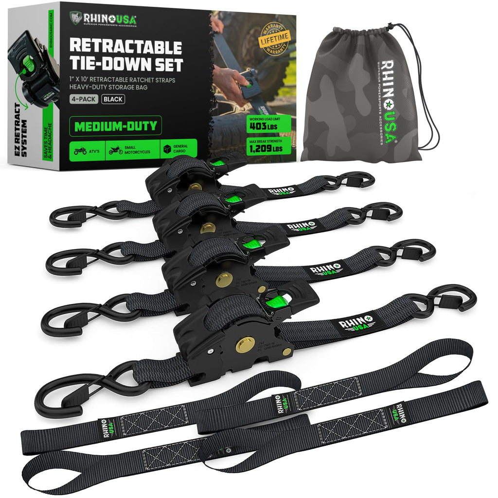 Rhino USA Retractable Ratchet Straps (4-Pack) - 1in x 10ft, Black
