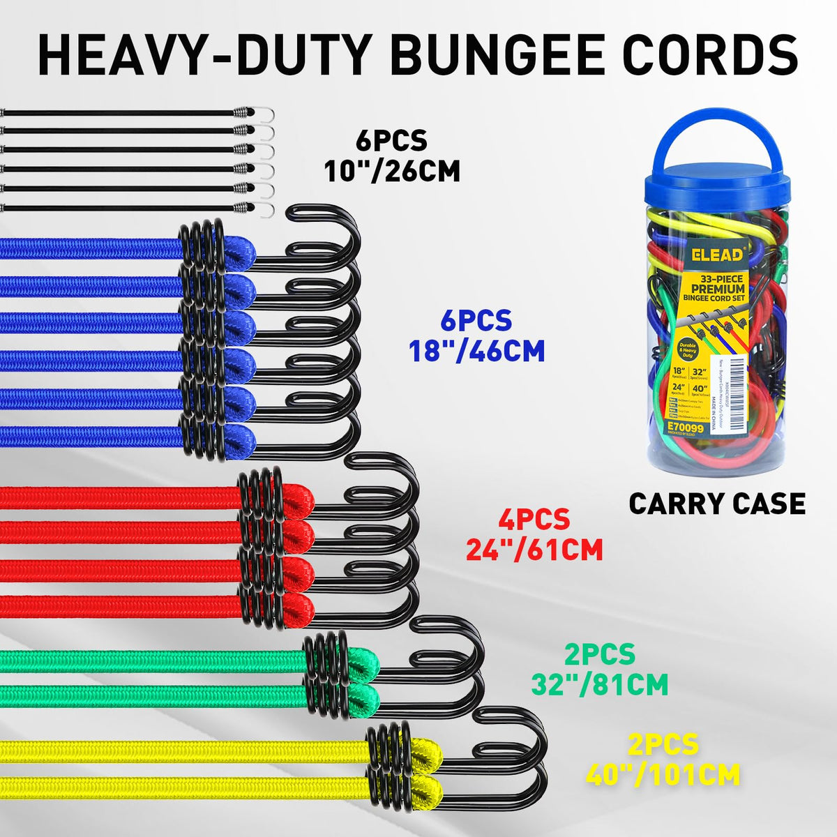 Bungee Cords Heavy Duty Outdoor: 20 Pcs Premium Rubber Bungee Cords with Hooks in a Storage Jar Includes 10", 18", 24", 30", 36", 48" Bungee Cord for Camping, Tent, Fastening Items