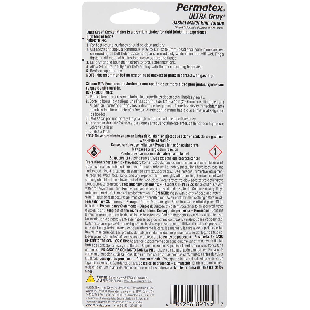 Permatex 82194 Ultra Grey Rigid High-Torque RTV Silicone Gasket Maker, 3.0 oz.