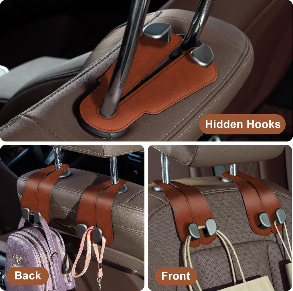 CoBak Purse Hook for Car - Universal Premium Stitched Leather and Aluminum-Magnesium Alloy Double Car Seat Back Storage Hook for Purses, Handbags, Bags (2 Pack),Black
