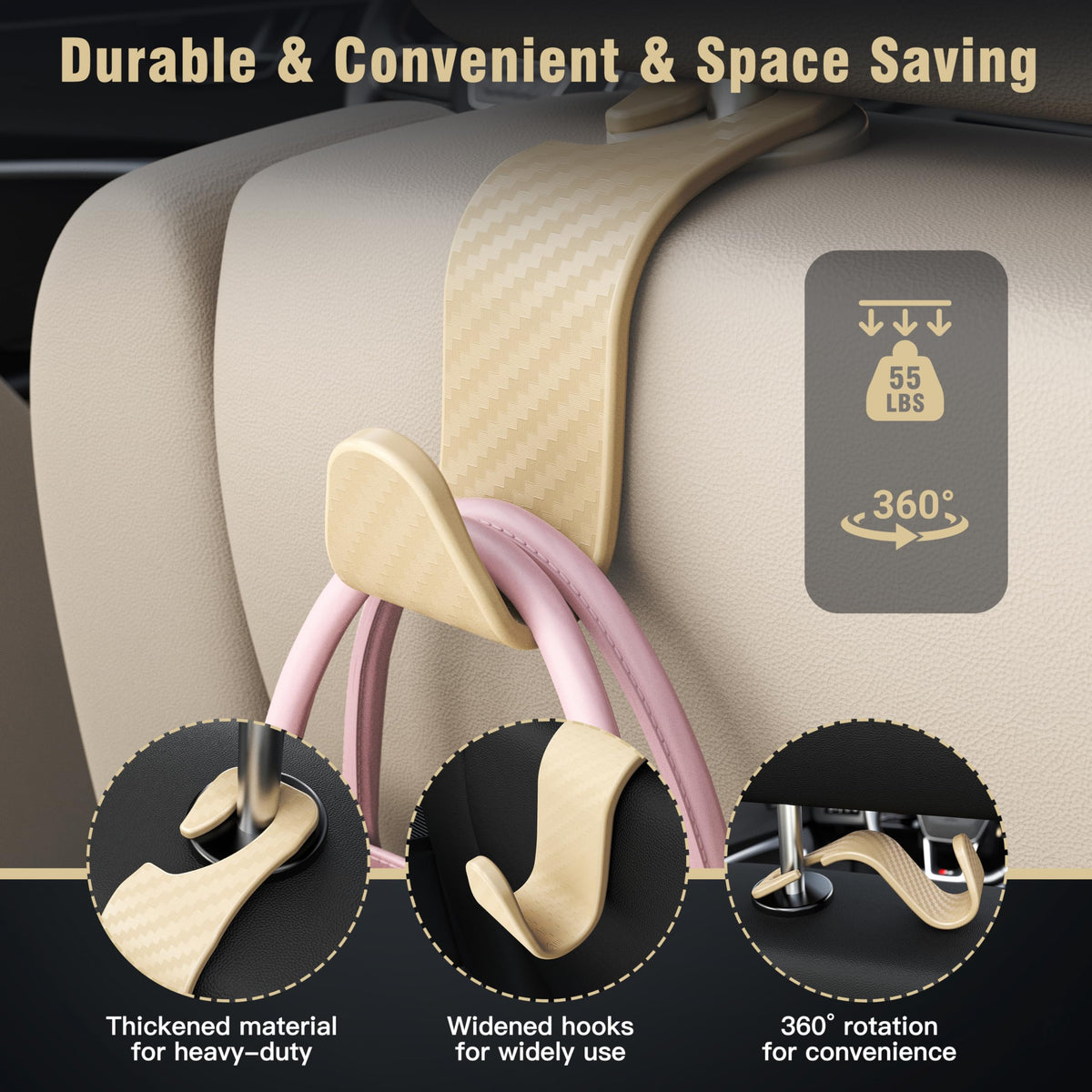 4-Pack Car Headrest Hooks Holds 55lbs Seat Storage Organizer for Bags