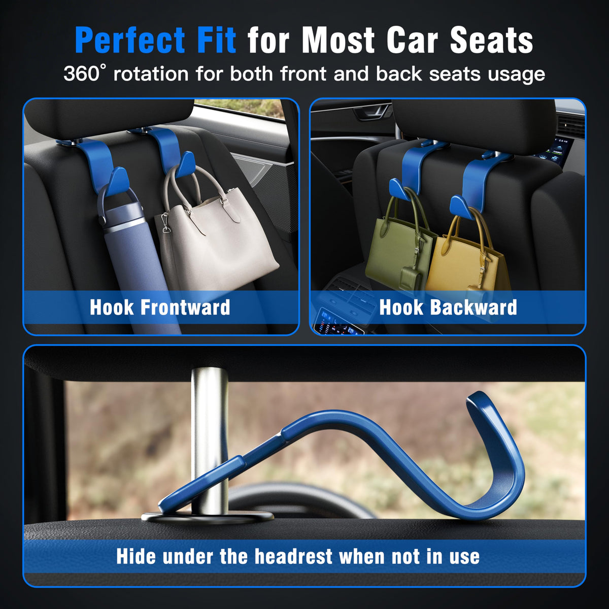 4-Pack Car Headrest Hooks Holds 55lbs Seat Storage Organizer for Bags