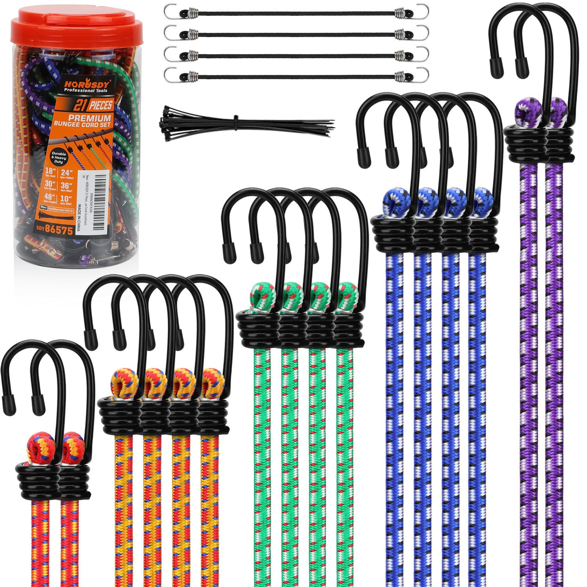 HORUSDY 31-Piece Premium Bungee Cords Assortment Jar, Includes 10”,18”,24”,32”,40” Bungee Cords, 6“ Zip Ties, 8”Canopy/Tarp Ball Ties and Crocodile Mouth Tarp Clips