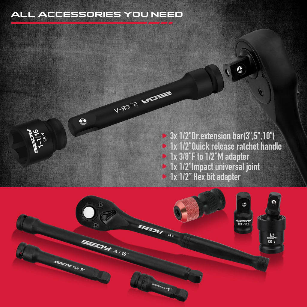 29-Piece 1/2" Drive Impact Socket Set, SAE (3/8 to 1 inch) and Metric (10-24mm) Sizes with Extension Bars Standard Deep Socket Set CR-V Material High Durability Impact Wrench