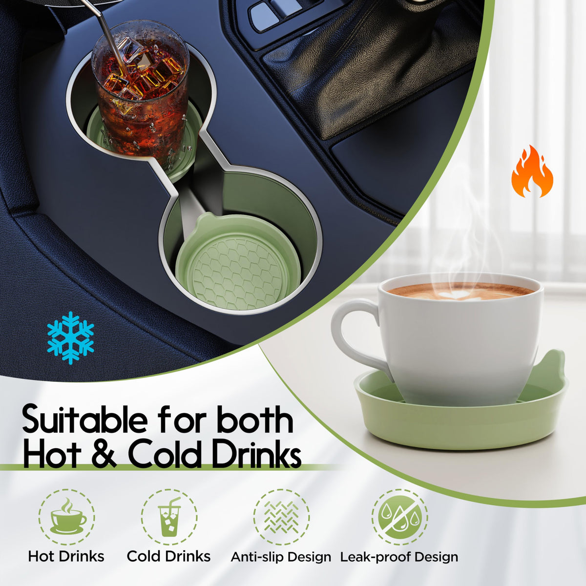 Amooca 2-Pack Car Cup Coaster Silicone Spill-Proof Cup Holder Inserts
