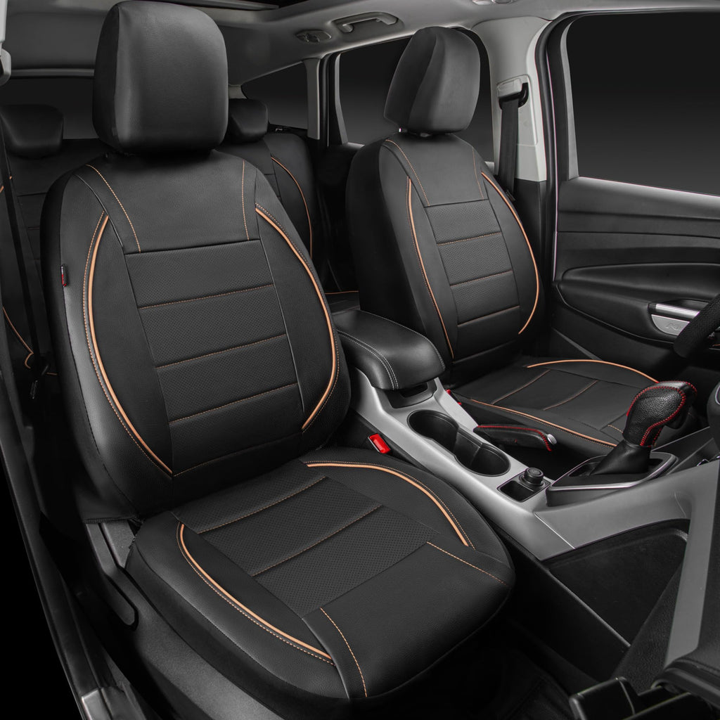 CAR PASS Universal FIT Piping Leather Two Front Seat Covers, Waterproof Faux Leather for SUV Sedan Van Truck, Airbag Compatible,Reserved Opening Holes for Headrest Covers. (Black red)