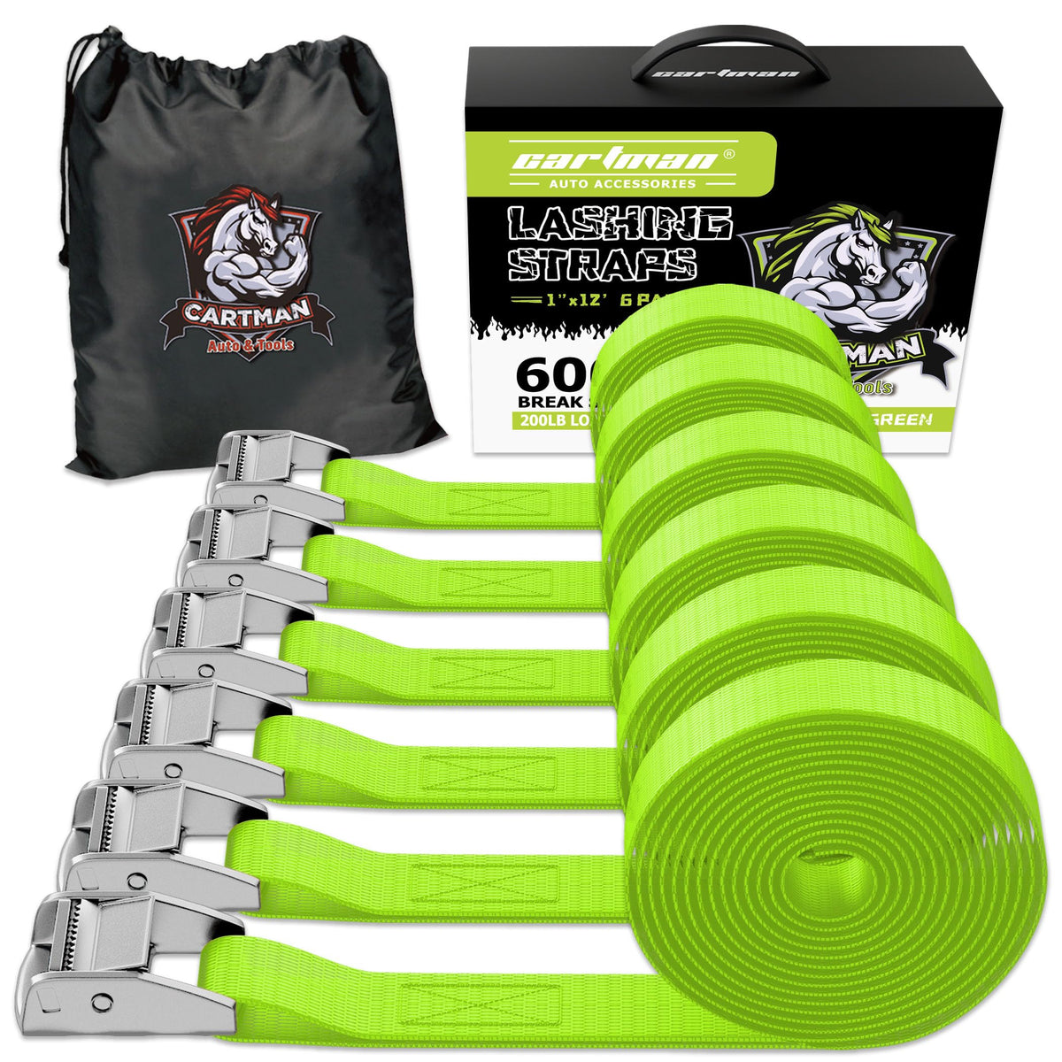 Cartman 1" x 12 ft Lashing Straps, 6 Pack, 600 lb Break Strength, Black