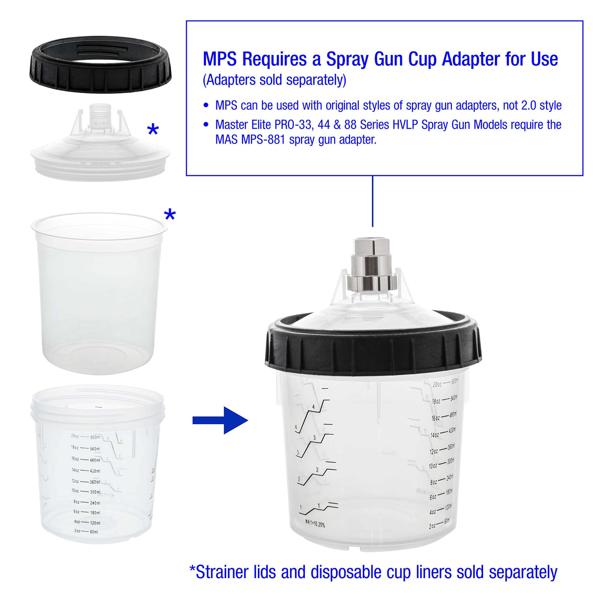 Master Paint System MPS Disposable Paint Spray Gun Cup Liners & Lid System