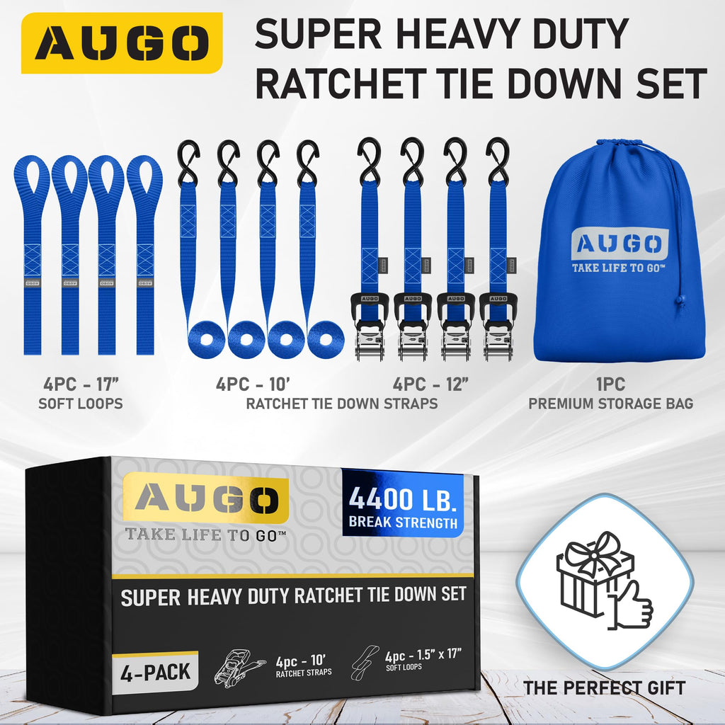 AUGO Ratchet Straps Heavy Duty 4 Pack -15 FT - 2200 LB Break Strength – with Safety Lock S Hooks - Cargo Straps for Moving, Appliances, Motorcycle – Soft Loop Tie Down Straps