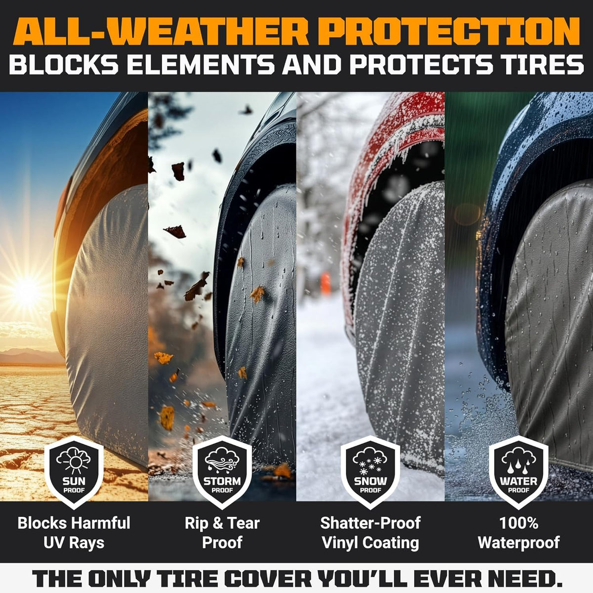 TIRESHIELD PRO Tire Covers Set of 4 - Heavy Duty All-Weather UV-Resistant Wheel Covers w/StormLock-System - Year-Round Protection for Your RV, Camper, Truck, Car & Trailer Tires w/ 26-28.75" Diameter