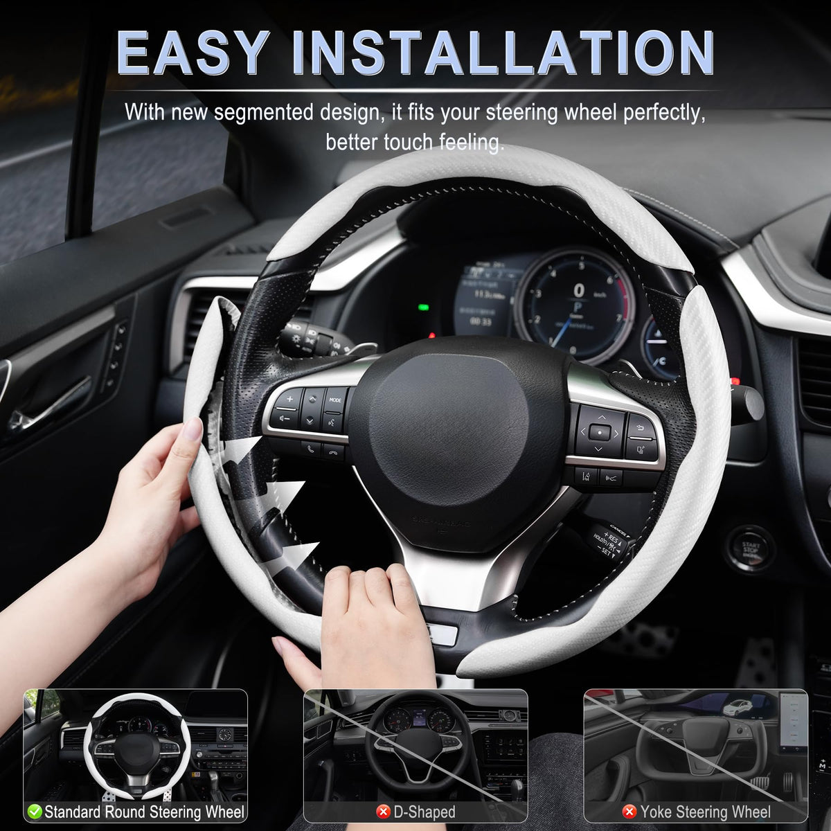 3pcs Carbon Fiber Anti-Skid Steering Wheel Cover, Waterproof & Segmented Butterfly Design, Universal 99% Vehicle Wheel Cover Protector, Car Interior Accessories (Black-3pcs)