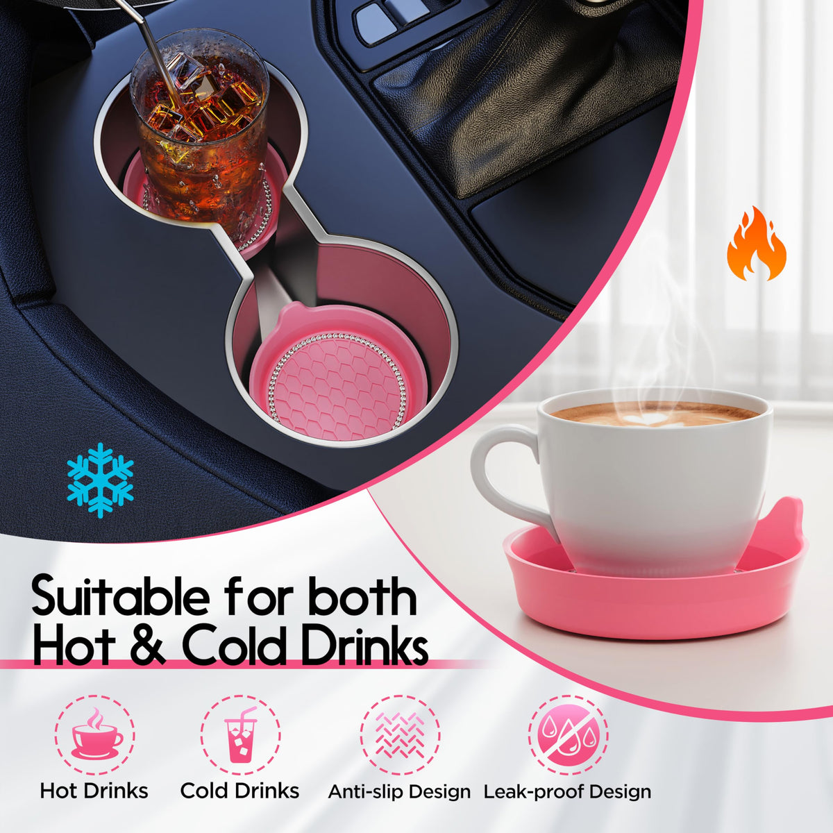 Amooca 2-Pack Car Cup Coaster Silicone Spill-Proof Cup Holder Inserts