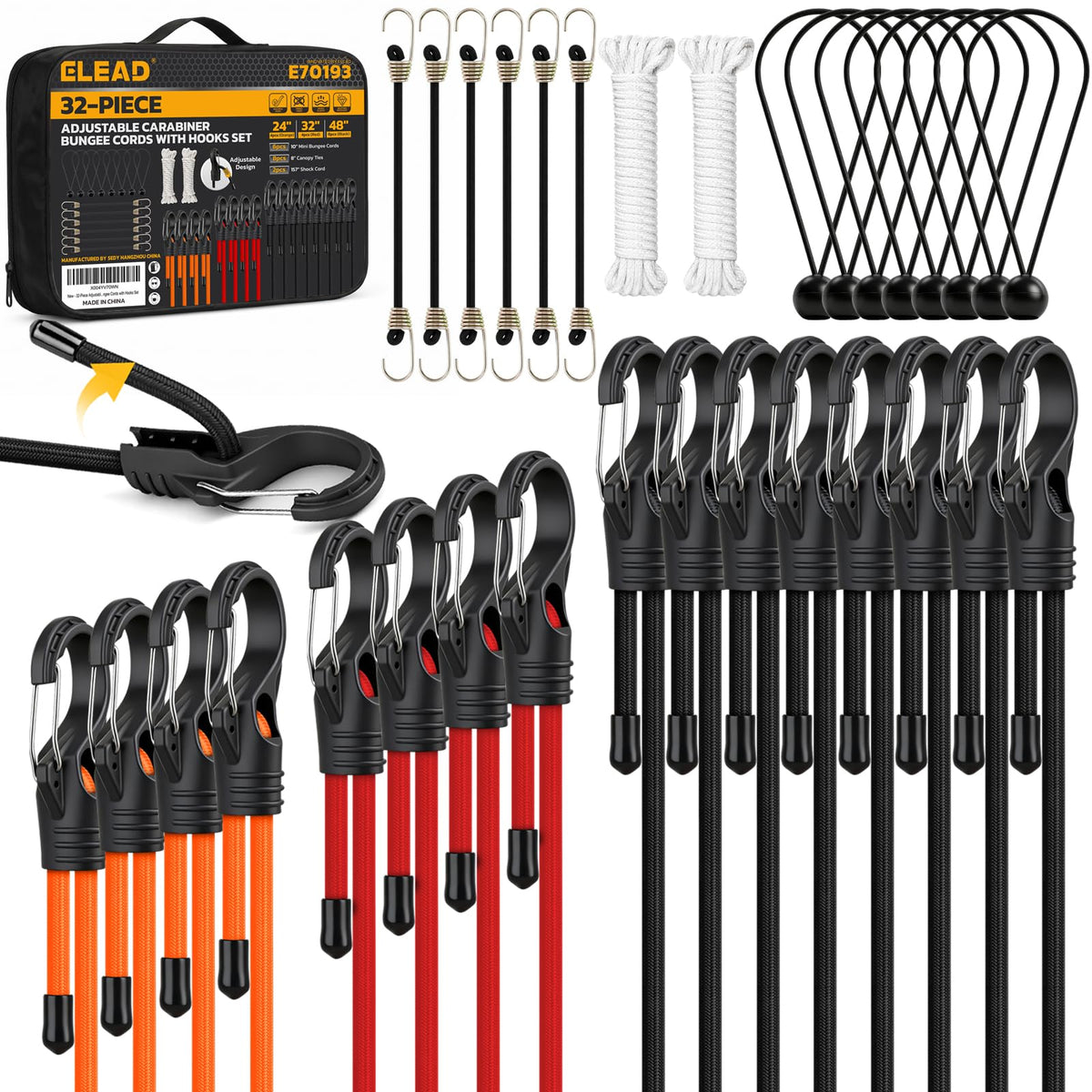 Bungee Cords Heavy Duty Outdoor: 20 Pcs Premium Rubber Bungee Cords with Hooks in a Storage Jar Includes 10", 18", 24", 30", 36", 48" Bungee Cord for Camping, Tent, Fastening Items