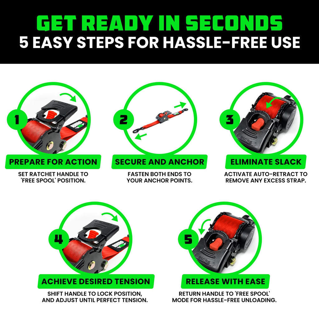 Rhino USA Retractable Ratchet Straps (4-Pack) - 1in x 10ft, Black